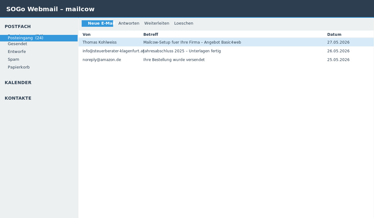 SOGo Webmail-Oberfläche in Mailcow mit Posteingang, Kalender und Kontakten – selbst gehosteter E-Mail-Server Kärnten