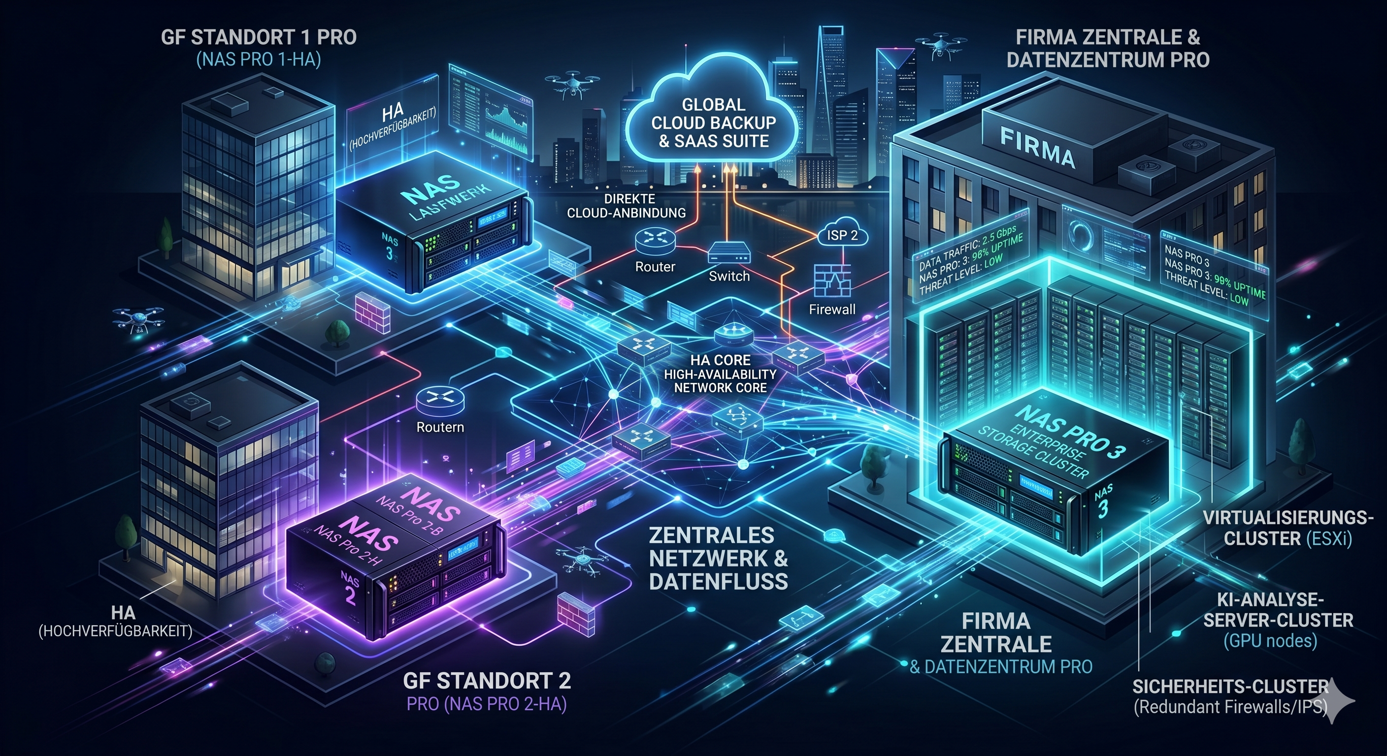 3 Synology NAS Standorte vernetzt – Villach Zentrale und 2 GF-Standorte mit HA, VPN und Firewall-Cluster