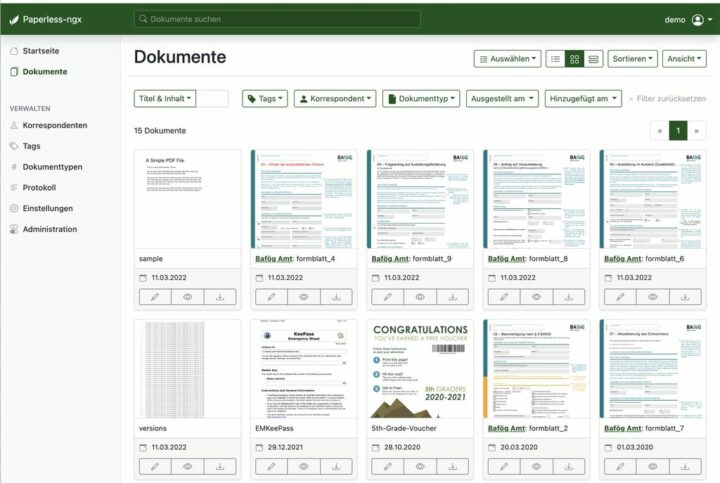 Paperless-ngx Weboberfläche – Dokumentenverwaltung mit Tags und Volltextsuche
