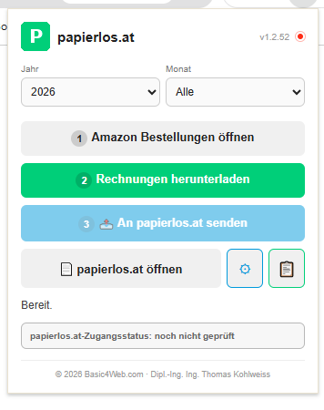 Amazon-Rechnungen automatisch herunterladen – Chrome-Erweiterung von papierlos.at für Paperless-ngx