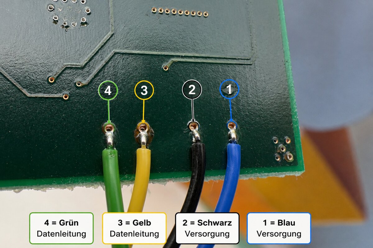 Markierte 4-polige Pinbelegung des PICHLER-Bedienteils mit Blau, Schwarz, Gelb und Grün beschriftet