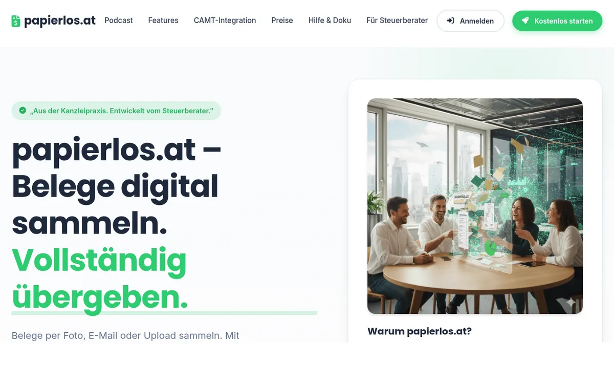 Screenshot papierlos.at – digitales Belegmanagement mit BMD-Integration für Steuerberater in Österreich