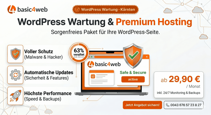 Infografik WordPress Wartung Kärnten – Voller Schutz, automatische Updates und höchste Performance von Basic4web