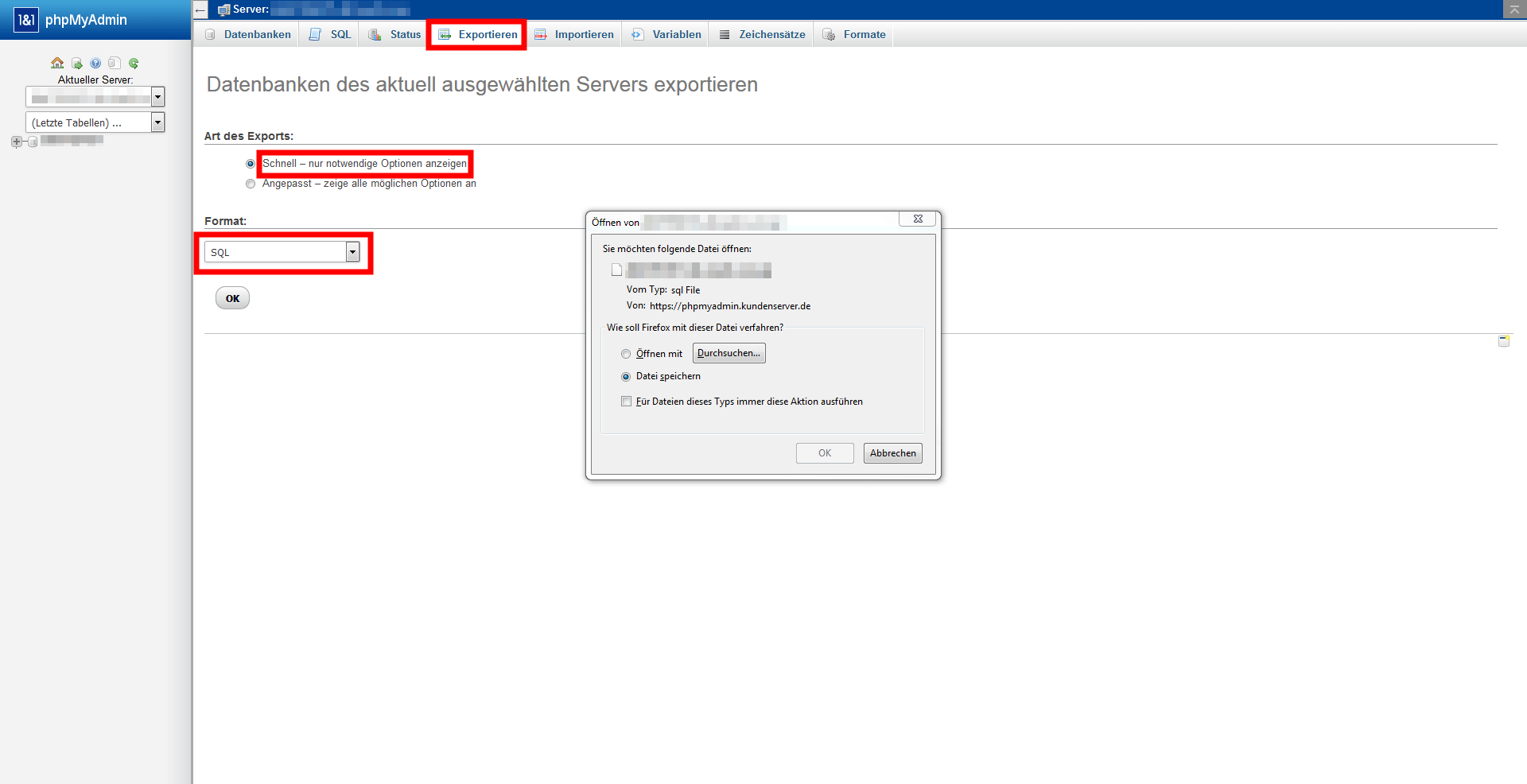 phpMyAdmin Export – Datenbank als SQL sichern vor WordPress-Umzug