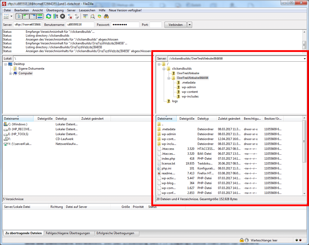 FileZilla – alle WordPress-Dateien lokal sichern vor dem Serverumzug